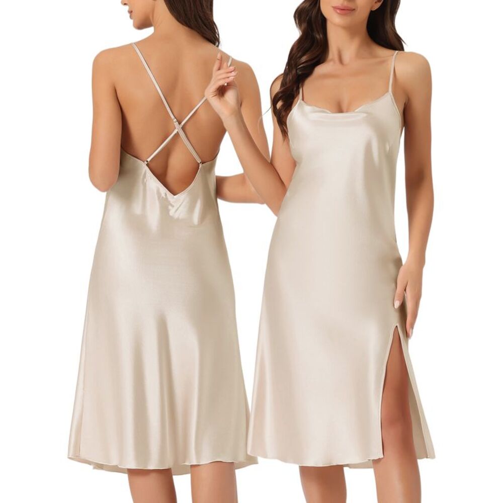 Satin Nightshirt Sleeveless Backless Slit Midi Nightgown Champagne